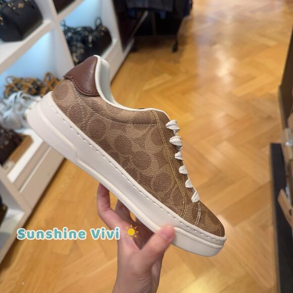 NEW COACH Women's High Line Sneaker In Signature Canvas CW970 Brown Khaki - Picture 3 of 9